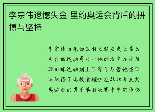 李宗伟遗憾失金 里约奥运会背后的拼搏与坚持